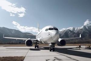 White passenger airplane with air-stairs at the airport apron on the background of high scenic mountains photo