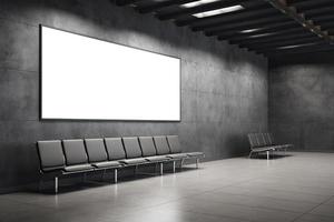 frente ver en blanco blanco póster con espacio para tu logo o texto en oscuro gris Roca pared en elegante vacío aeropuerto esperando zona salón con elegante asiento filas y de madera piso foto