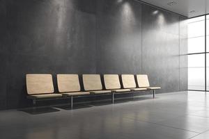 Front view on blank white poster with space for your logo or text on dark gray stone wall in stylish empty airport waiting area hall with stylish seat rows and wooden floor photo