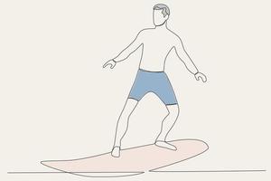 Color illustration of a man surfing in the middle of the sea vector