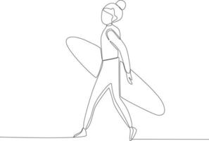 A woman carrying a surfboard vector