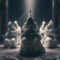 warrior monks in all white robes and hoods meditate photo