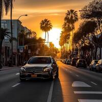 Car driven on the empty road at evening photo