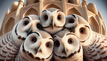 Highly defined macro photography selfie of a group of barred owl photo