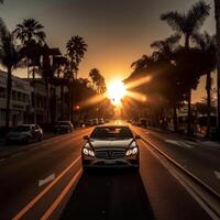 coche impulsado en el vacío la carretera a puesta de sol generativo ai foto