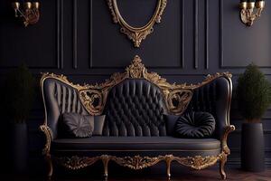 black gold vintage designer sofa and black wall photo