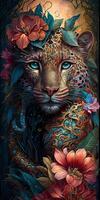 A detailed portrait of tropical punk leopard ornate design photo