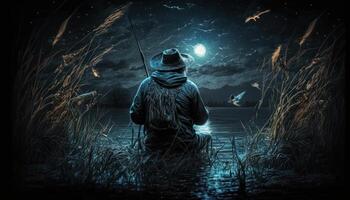 fisherman white hat fishing in glowing water mysterious photo
