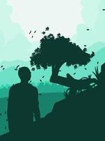 landscape vector illustration background with silhouettes of trees and people