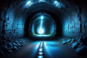 A dark tunnel with a blue light and a blue light photo