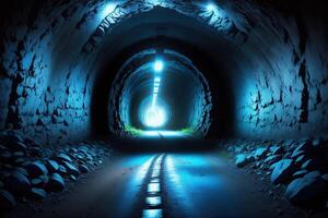 A dark tunnel with a blue light and a blue light photo