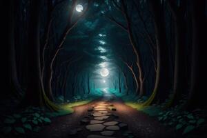 un camino en el bosque con el Luna en el antecedentes ai generado foto