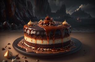 A cake with caramel sauce and nuts on it photo