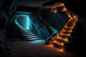 A cave with steps leading to the stairs photo