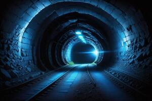 A dark tunnel with a blue light and a blue light photo