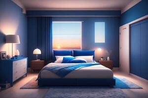 A bedroom with a blue bed and a white lamp on the wall photo