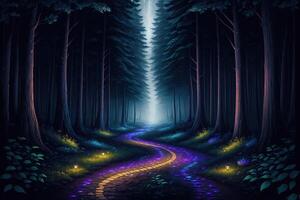 a path leading into a forest at night fantasy mystical photo