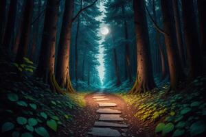 A path in the woods with the moon in the background photo