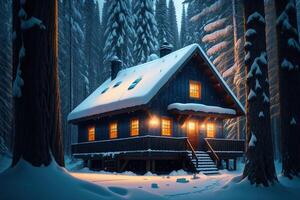 A snow - covered house in the forest with blue lights photo