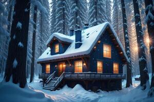 A snow - covered house in the forest with blue lights photo