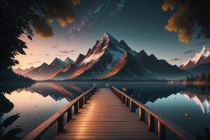 A wooden dock with a mountain in the background photo