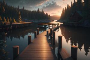 A wooden dock with a mountain in the background photo