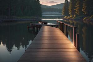 A wooden dock with a mountain in the background photo