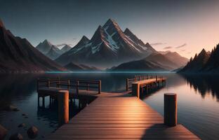 A wooden dock with a mountain in the background photo
