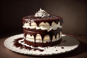 chocolate cake with chocolate syrup and whipped cream photo