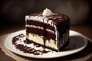 chocolate cake with chocolate syrup and whipped cream photo