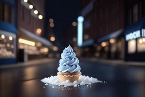 chocolate vainilla hielo crema cono anuncios con hielo cubitos y copos de nieve ai generado foto