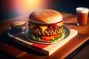 Fresh tasty homemade burger on wooden table photo