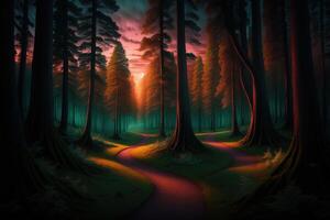 Path in mysterious forest mystical landscape at dawn sunset twisted trees photo