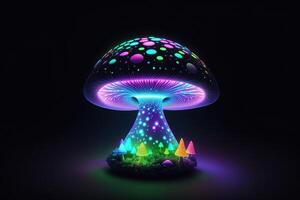 Glowing magic mushroom on black background photo