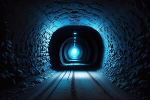 A dark tunnel with a blue light and a blue light photo