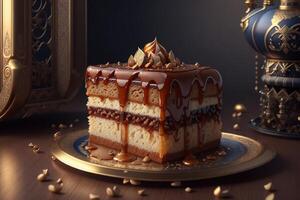 A cake with caramel sauce and nuts on it photo