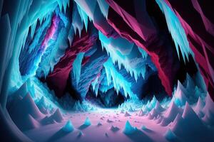 A frozen cave with a blue ice cave in the middle photo