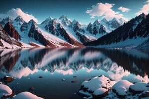 un montaña lago con nieve en el montañas pequeño oscuro paraíso ai generado foto