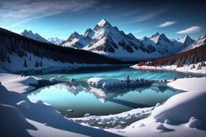 A mountain lake with snow on the mountains small Dark Paradise photo