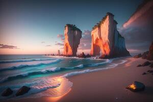 A painting of a beach with a cliff in the background photo