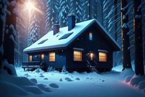 A snow - covered house in the forest with blue lights photo