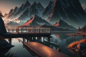 A wooden dock with a mountain in the background photo