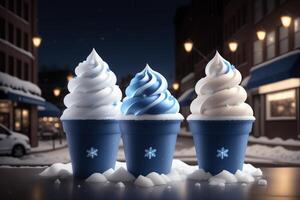 chocolate vainilla hielo crema cono anuncios con hielo cubitos y copos de nieve ai generado foto