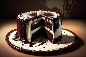 chocolate cake with chocolate syrup and whipped cream photo