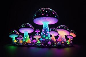 Glowing magic mushroom on black background photo