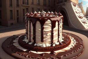 chocolate cake with chocolate syrup and whipped cream photo