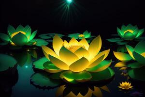 dorado loto Rosa floraciones a noche en el agua en el pantano fantasía magia flor amarillo ligero ai generado foto