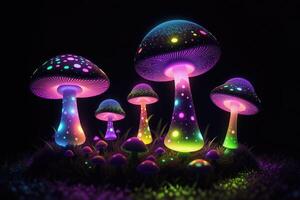 Glowing magic mushroom on black background photo