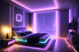 Modern bedroom interior with neon lights glowing ambient in the evening photo