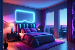 Modern bedroom interior with neon lights glowing ambient in the evening photo
